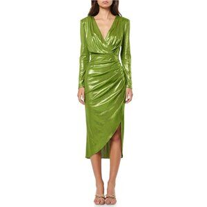 NWT Elliatt Irene Metallic Long Sleeve Midi Cocktail Dress Lime Green Size Small